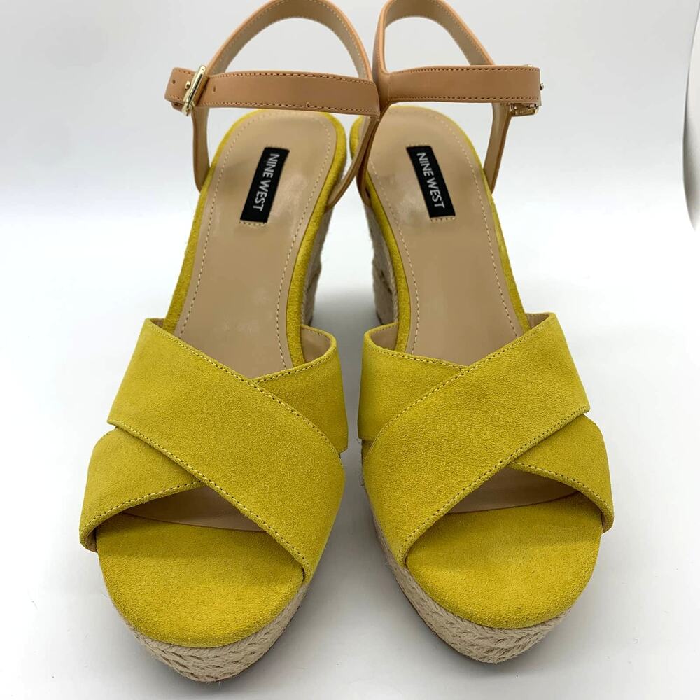 Nine West Dane Multi Suede Sandals Size 9M NIB Mustard Yellow Espadrille Wedge - Picture 3 of 10